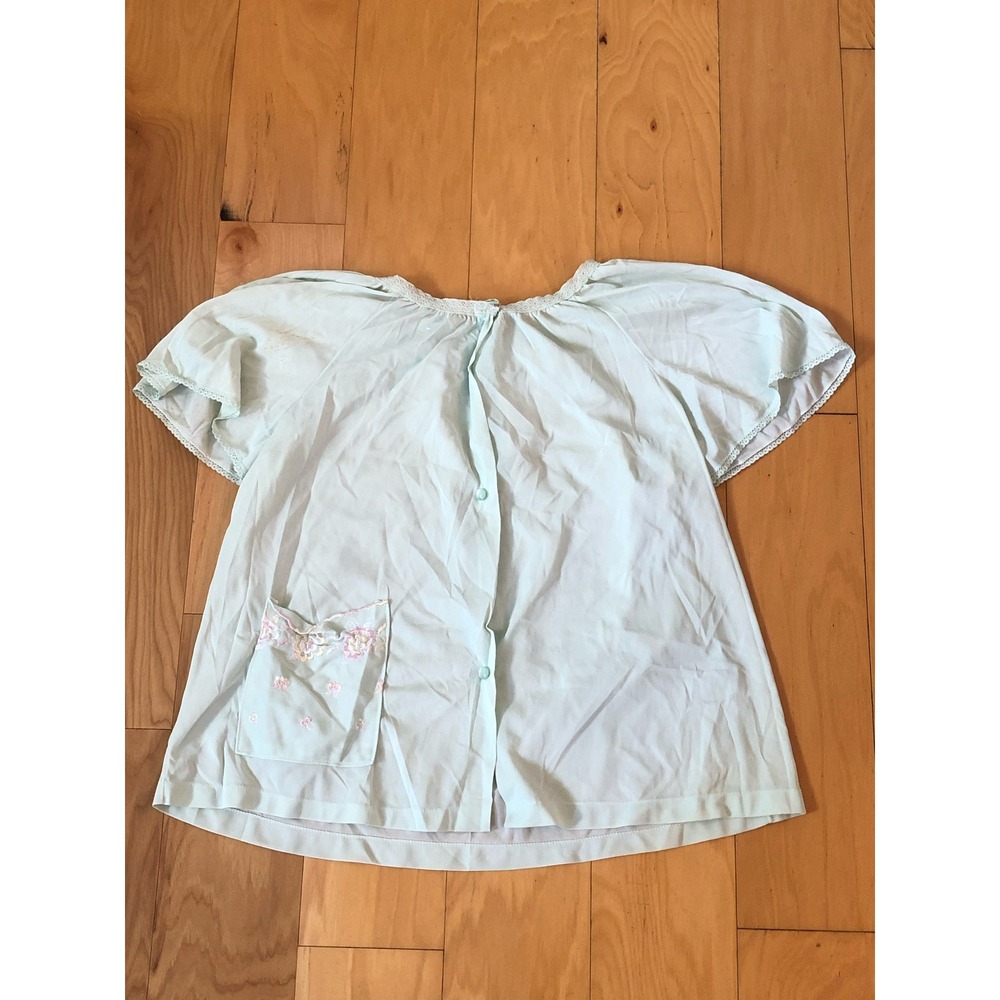 Vintage Mint Green Lace Trim Bed Jacket Floral Embroidered‎ Pocket Sleep Top